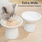CEEFU 2-Pack Elevated Ceramic Cat Bowls Extra Wide for Food & Water | Anti Vomiting, Whisker Friendly, Shallow Food Dish and Deep Water Bowl, Lead&Cadmium-Free, Raised Height for Cats, White