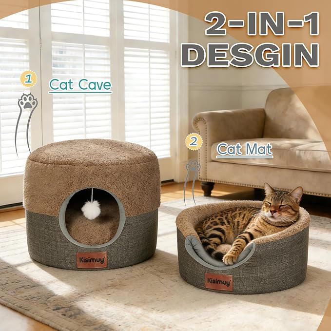 Cozy Cat Bed Cave for Indoor Cats,with Reversible Plush Cushion | 17.7"D x 13.8"H, 2-in-1 Convertible Kitten Bed, Hanging Cat Toys, Linen Fabric, Non-Slip, Small Dog Bed, Brown