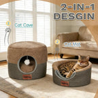 Cozy Cat Bed Cave for Indoor Cats,with Reversible Plush Cushion | 17.7"D x 13.8"H, 2-in-1 Convertible Kitten Bed, Hanging Cat Toys, Linen Fabric, Non-Slip, Small Dog Bed, Brown