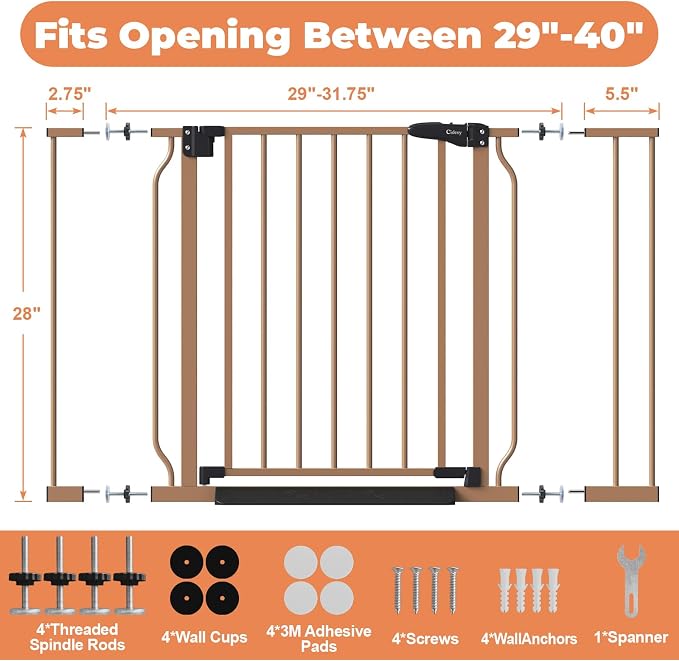 Baby Gate No Drilling, 29"-40" Dog Gate Indoor for Stairs & Doorways | Auto Close, Pressure Mounted Adjustable Pet Gate Indoor, Easy Walk Through Child Gate for Baby & Pet Stroller Friendly, Brown