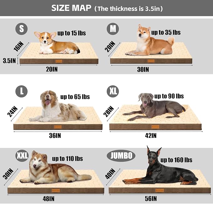 Patas Lague Orthopedic Large Dog Bed Washable Pet Crate Mat 48''X30'' Camel | Egg-Crate Foam Dog Couch For Large Sized Dogs, Waterproof Removable Cover, Soft Pet Bed With Nonskid Bottom