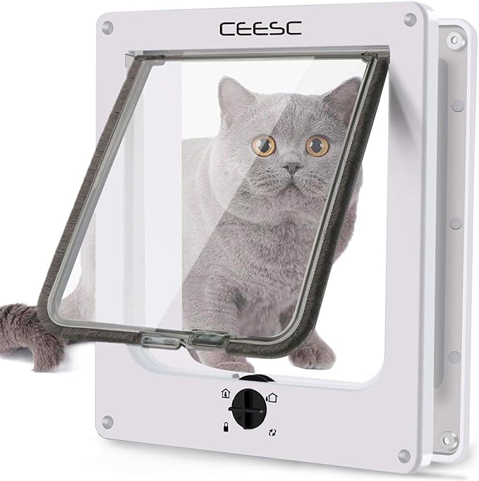 CEESC X-Large Cat Door for Interior/Exterior, for Pets <24.8", White | Rotary 4-Way Lock, Weatherproof, Fits doors 1.26-2.14", Adjustable tunnel depth, Upgraded version