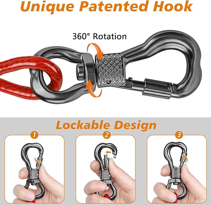XiaZ Dog Tie Out Cable, Heavy Duty Dog Chains for Outside with Lockable Hook, Pet Runner Cable Leads for Yard, Dogs Line Tether for Small Medium Dogs Up to 250 LBS (50FT, Red)