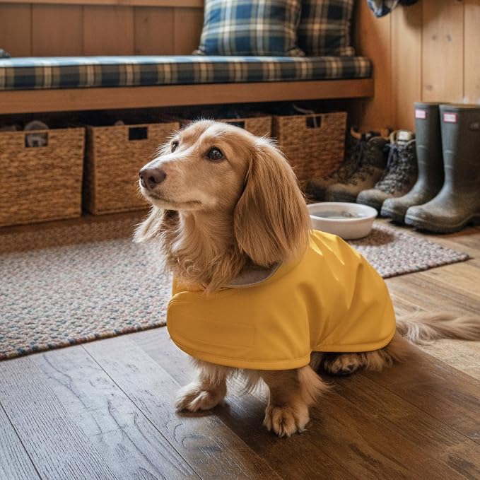 Dachshund Raincoat - Waterproof & Windproof Dog Jacket for Long Weiner Dogs, Adjustable Fit, Harness Hole - Yellow, Large