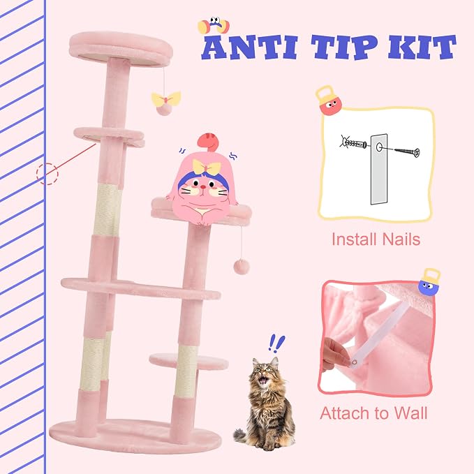 Allewie 55.5 in Cat Tree for Indoor Kitties/Soft Plush Perches/Multi-Level Cat Tower/Sisal Scratching Posts/Crescent Plates/Round Jumping Board/Hanging Ball/Pet Activity Center/Pink