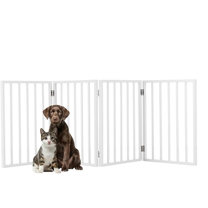 Indoor Pet Gate - 4-Panel Folding Dog Gate for Stairs or Doorways - 73x24-Inch Freestanding Pet Fence for Cats and Dogs by PETMAKER (White)