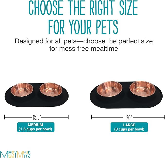 Messy Mutts Double Silicone Dog Feeder, Stainless Bowls, Medium, Copper | Non-Slip Silicone Double Dog Feeder With Two Removable Stainless Steel Bowls For Food And Water