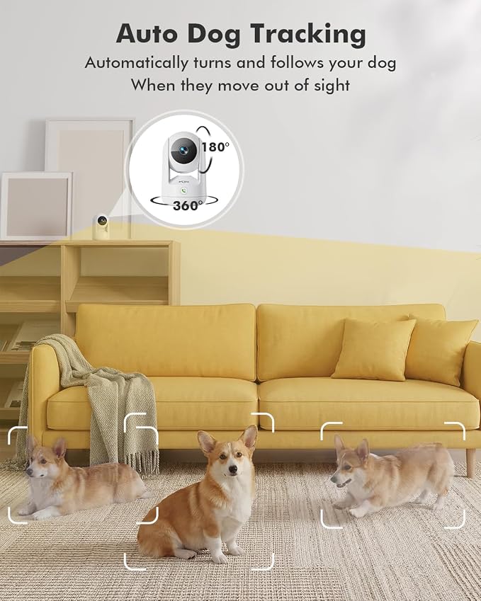 Dzees 2K Indoor Security Cameras, 360° WiFi Pet Camera, 4-Pack | Phone app, 5GHz and 2.4GHz WiFi, wired design, 2-way audio, motion tracking, night vision
