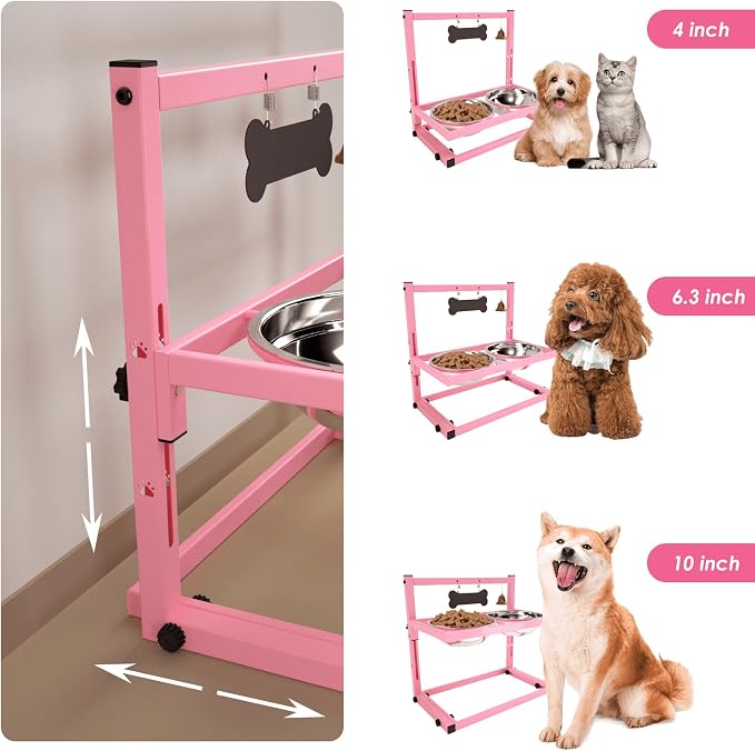 SHAINFUN Elevated Bowls for Small and Medium Dogs, Raised Stand With 2 Stainless Steel Food & Water Bowls, Adjustable Height Feeder for Puppy & Cats, Cute Pink