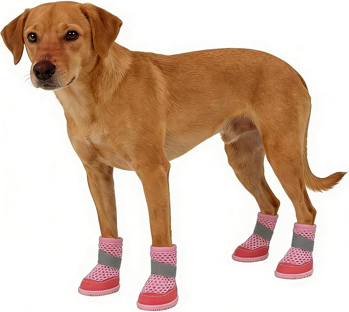 Anti Slip Dog Shoes Paw Protectors for Hardwood Floors,Breathable Puppy Boots with Adjustable Straps for Hot Pavement Beach_5#(Pink)