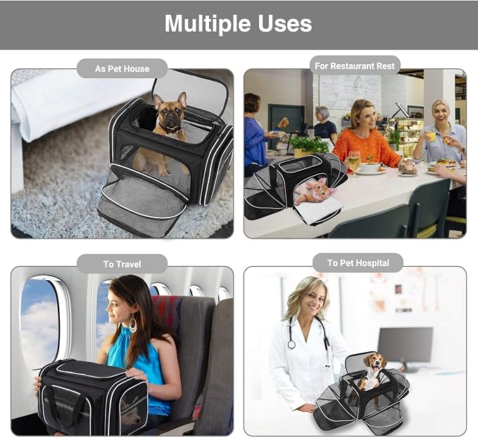 TSA Airline Approved Large Pet Travel Carrier,4 Sides Expandable with 2 Mesh Pockets,3 Entry, Soft Sided Collapsible Dog Carrier for 2 Cats,Kittens,Puppies,Dog, X-Large, Black & White