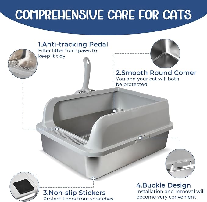 Stainless Steel Cat Litter Box, High Wall Kitty Litter Box for Small Cats, Metal Litter Box with Lid, Non-Sticky, Anti-Leakage, Easy Cleaning, Include Cat Mat and Scoop, 17.2"x13.2"x8.4"