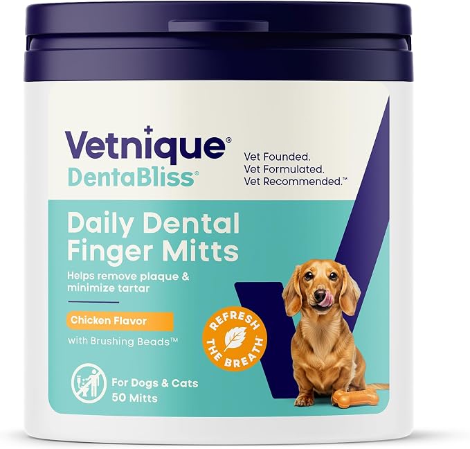 Vetnique Dentabliss Cat & Dog Dental Wipes, Toothbrush Alternative Mitt | Teeth Cleaning Finger Mitts for Plaque, Tartar & Breath, Toothbrush & Toothpaste Alternative, Peppermint or Chicken, Cat-Safe