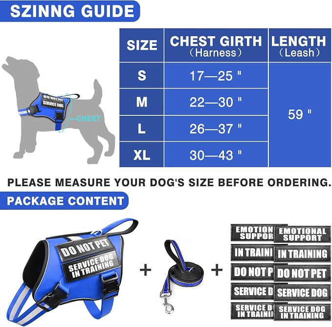 Service Dog Vest Harness and Leash Set+10 Patches,Easy Walk Blue XL | No Pull&Adjustable Reflective Dog Harness Large Sized,Dog Leash with 2 Soft Padded Handles,for Training Hiking Walking