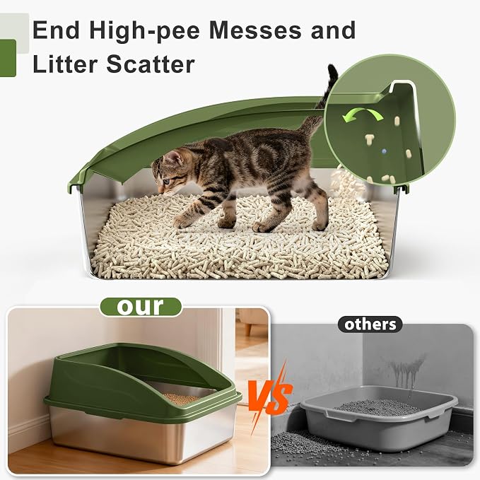 AIPERRO Stainless Steel Litter Box | XL Enclosed Cat Litter Boxes with Lid for Big Cats | High Sided, Anti-Urine Leakage | Non-Stick Bottom & Includes Litter Mat & Metal Scoop (Olive Green)