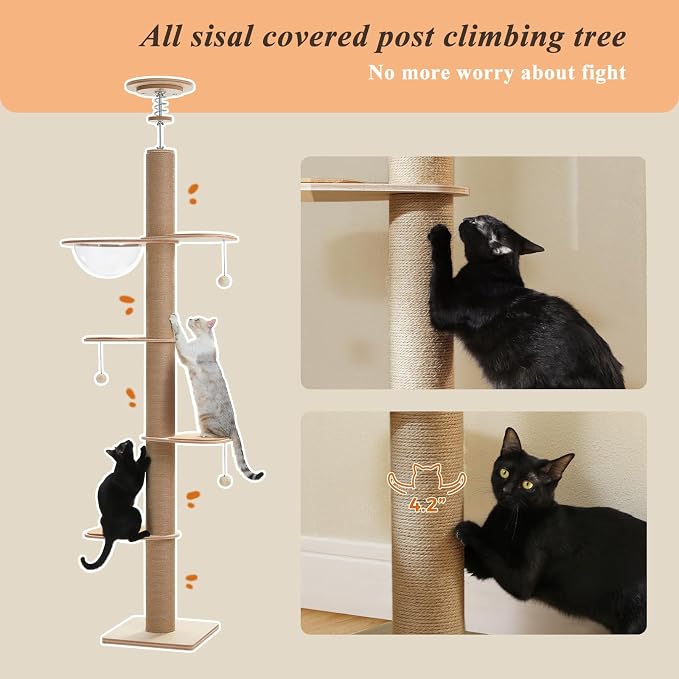 PETEPELA Floor to Ceiling Cat Tree, 79-103'' Adjustable Wood Tower, Beige | Tall wooden cat tower for indoor cats; 4'' all-sisal posts, acrylic bowl & pompom; tension top & wide base add steadiness