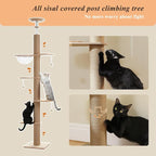 PETEPELA Floor to Ceiling Cat Tree, 79-103'' Adjustable Wood Tower, Beige | Tall wooden cat tower for indoor cats; 4'' all-sisal posts, acrylic bowl & pompom; tension top & wide base add steadiness