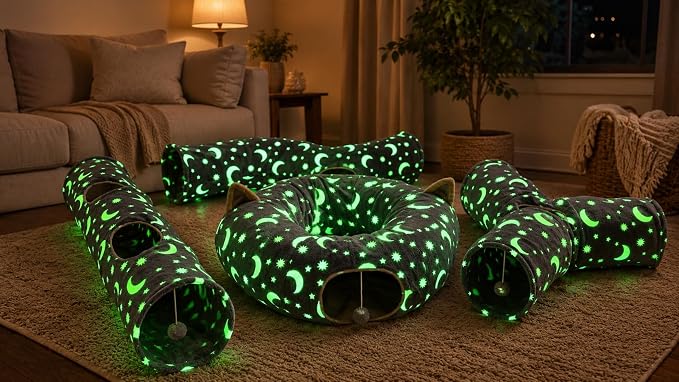 Cat Tunnel Bed Under Christmas Tree with Plush Ball Toy Playground Crinkle Collapsible Self-Luminous Flannel Fabric 3FT for Large Cats Kittens Kitty Small Animals Puppy Grey Moon Star