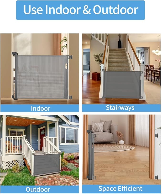 Retractable Baby Gate for Stairs – 33” Height, Expands up to 55” Width – Safety Gate for Infants, Toddlers, Dogs & Pets – Easy Install, Secure Closure, Gray Mesh Design for Indoor & Outdoor Use