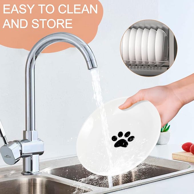 6 Pack Cat Food Bowl, Ceramic Cat Bowls, Anti Whisker Fatigue Cats Bowl Set | 5.5 Inches Shallow Wide Kitten Plates for Food and Water (White-E)