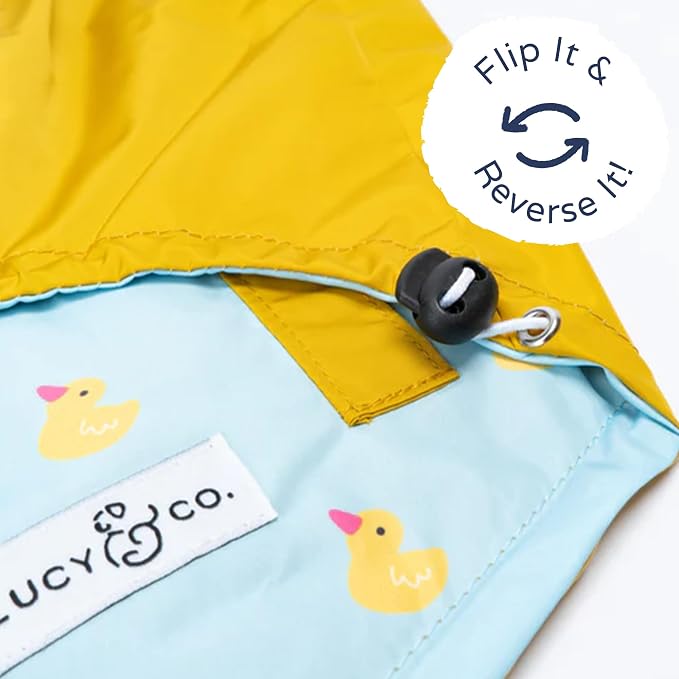 Lucy & Co. Lucky Ducky - Reversible Raincoat for Dogs & Pets - Dog Raincoat - Fashionable and Comfy Water Proof Adjustable Poncho for Canines - Medium - Yellow Blue Rubber Duck