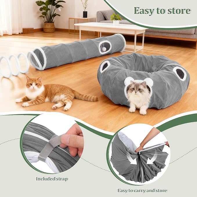 Ownpets 2-in-1 Cat Tunnel Large Lollipop 12" D Collapsible Cave Plush, Grey | Foldable Tunnel Bed, Fluffy Ball, Multi-Exit Maze, For Cats Kittens Puppies Rabbits, Soft Plush, Easy Store, Cozy Hiding Spot