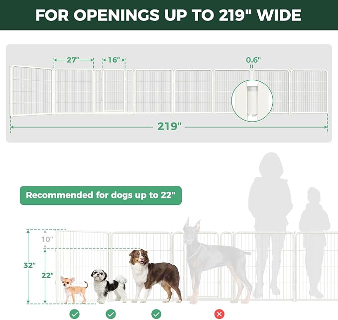FXW Dog Gate, Extra Wide Adjustable for Openings Up to 219", 32" H | Flexible Space Control, Easy Walk-Through Access, 7 Panels + 1 Gate, For Small & Medium Dogs, Garage Use