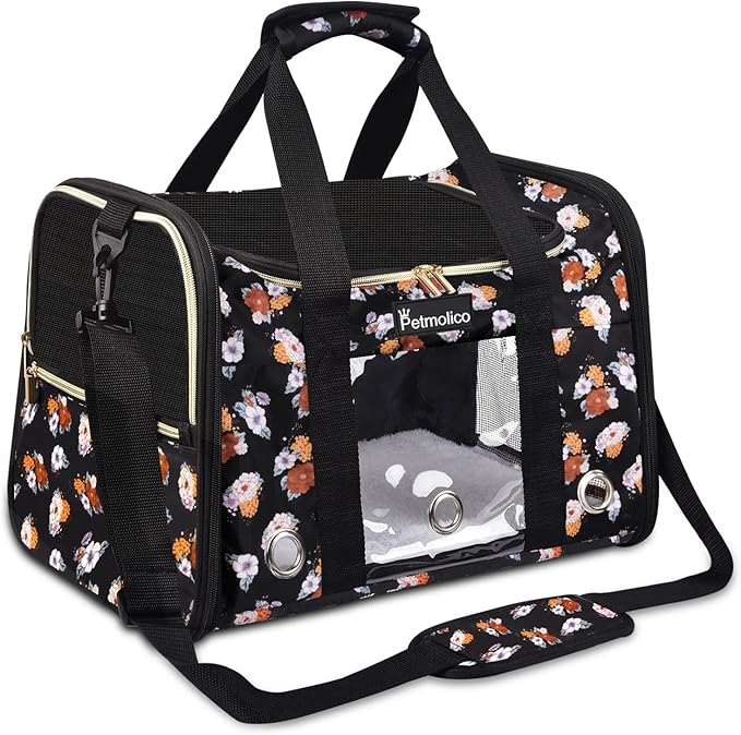 Petmolico Cat Carrier Dog Carrier, Airline Approved Soft Pet Travel Carrier with 3 Open Doors Mesh Windows for Cats Puppy 16 lbs(Large,Orange Flower)