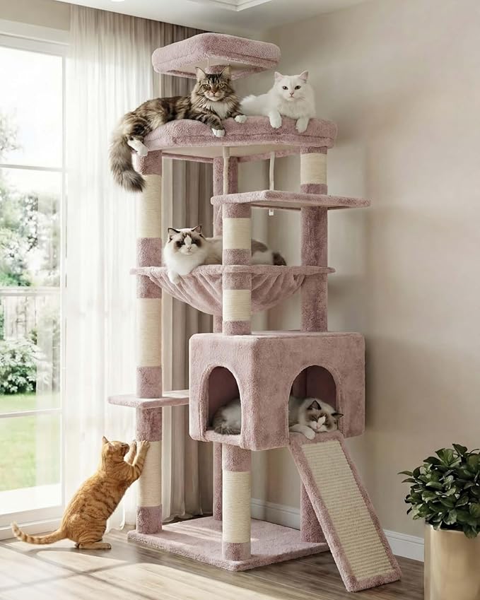 Heybly 64.2" Heavy-Duty Cat Tree for Large Cats with Wide Base HCT027MU | Indoor Cat Tower with Scratching Posts & Board, Cat Furniture with Big Platforms, Extra-Large Hammock, Rosy Brown