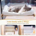 Pecute Foldable Cat Window Perch, Cloud-Soft Cat Bed with Wood Frame, 26" L | Solid Wood, Strong Suction Cup, Washable Cushion, Sided Bolster, Large Cat Hammock Indoor for Sunbathing, Bird Watching