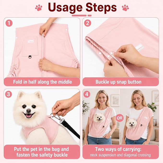 Ice Silk Dog Sling Carrier, Adjustable Safety Strap | Breathable & lightweight, fits pets up to 10 lbs,Secure buckle closure, hands-free design,Great for daily walks & travel,Pink