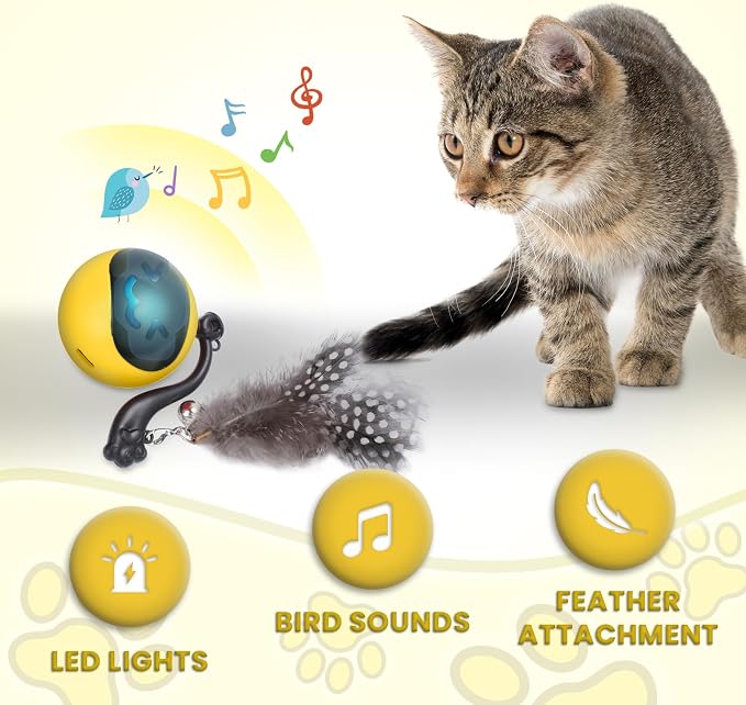 Interactive Cat Toy Ball, Automatic Self-Rolling Cat Toy with Feather Tail, Rechargeable Smart Cat Ball for Indoor Cats（Yellow）