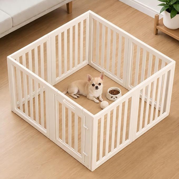 EVERFRONT Dog Playpen with Door - Dog Pen Indoor - Easy Assemble Dog Play Pen - Puppy Playpen, Cat Playpen, Small Animal Playpen, Dog Play Pen Indoors (White, 24", 8 Panels)