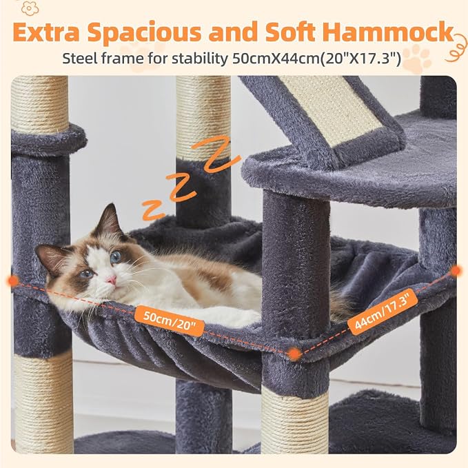 Taoqimiao Cat Tree, 71 in Extra Large Cat Tower for Inddor Cats, MS026LG | 2 Large Cat Condos, 2 Cute Perches, Metal Frame Cozy Hammock, Durable Scratch Board, 8 Natural Sisal Posts, Basket,Smoky Gray