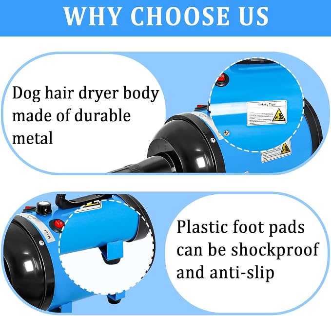 High Velocity 5.2HP 3500W Large Dog Hair Dryer with Heater for Grooming - Adjustable Temperature with 4 Nozzles (Blue)