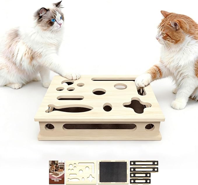 Cat Scratch Puzzle Enrichment Box, Large Solid Wood with Sandpaper Inside | Cat Nail File Enrichment Box with Sandpaper Inside, Cat Nail File Box Stress Free Alternative to Clippers and Grinders
