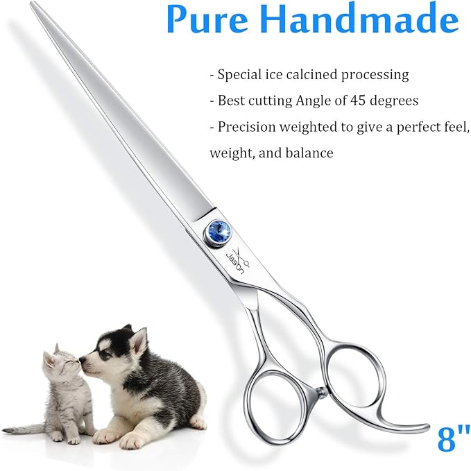 JASON Dog Grooming Scissors Shears - 8" Straight Long Pets Trimming Kit | Premium Cats Shear with Offset Handle and a Jewelled Screw, Sharp Comfortable, Gift