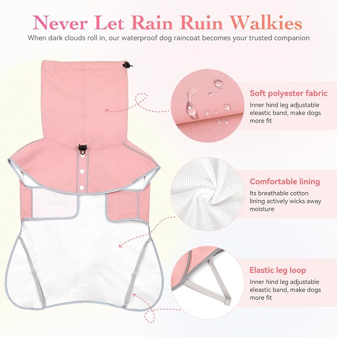 Reflective Dog Raincoat, Windproof & Waterproof Dog Rain Jacket, Adjustable Hooded Pet Poncho with Leash Hole for Small, Medium, Large Dogs(S-2XL) (Pink, X-Large)