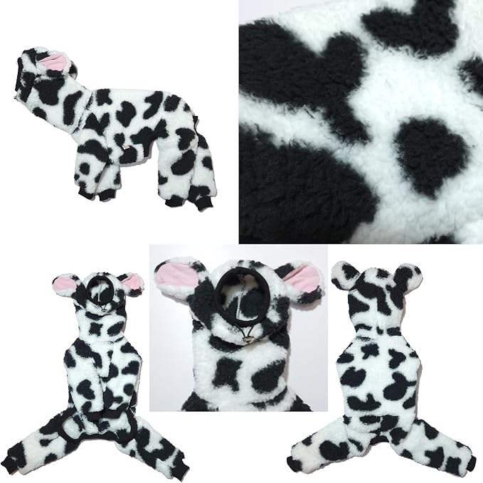 D Doggy Star Italian Greyhound Clothes Winter Warm Fleece Cow Print Sweater Jumpsuit with Snood Turtleneck, Fits Small Whippets (M,Onsi Cow Print)