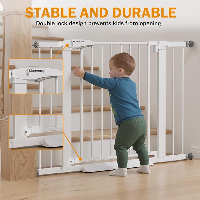 Mumeasy 29.7-43" Baby Gate, Adjustable Safety Gate for Stairs & Doorways | No drill installation, auto close door, one hand operation, adjustable width, for dogs pets babies toddlers
