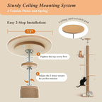 PETEPELA Floor to Ceiling Cat Tree, 79-103'' Adjustable Wood Tower, Beige | Tall wooden cat tower for indoor cats; 4'' all-sisal posts, acrylic bowl & pompom; tension top & wide base add steadiness