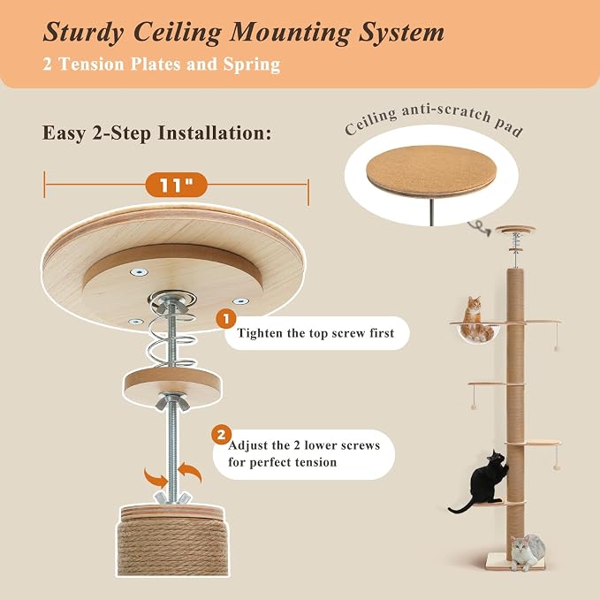 PETEPELA Floor to Ceiling Cat Tree, 79-103'' Adjustable Wood Tower, Beige | Tall wooden cat tower for indoor cats; 4'' all-sisal posts, acrylic bowl & pompom; tension top & wide base add steadiness