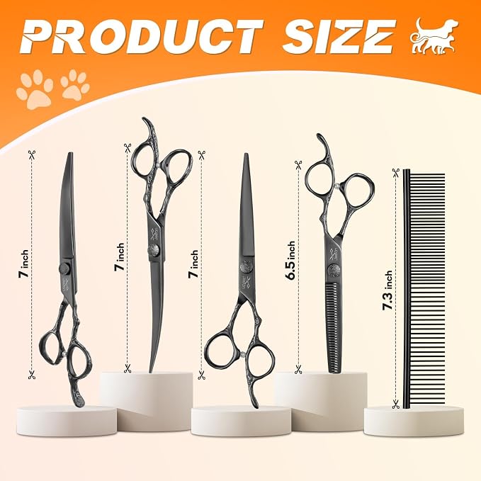 JASON Dog Grooming Scissors Set - Professional 6 in 1 Pet Shears Kit | 6.5" Thinning, 7" Straight, 7" Up-Curved, 7" Down-curved Shears and Comb for Cat Pet with Adjustable Screw, Black
