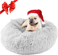 Himax 26in Covered Dog Bed with Blanket Attached Calming Burrow Light Grey | Dog Bed Medium Size dog, Anti-Anxiety Donut dog bed with cover, Washable Round Fluffy Pet& Cat Beds