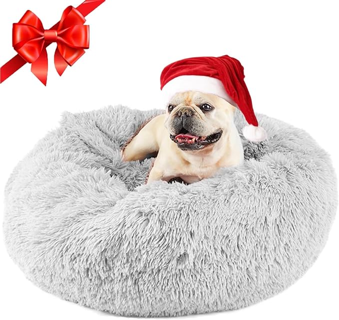 Himax 26in Covered Dog Bed with Blanket Attached Calming Burrow Light Grey | Dog Bed Medium Size dog, Anti-Anxiety Donut dog bed with cover, Washable Round Fluffy Pet& Cat Beds