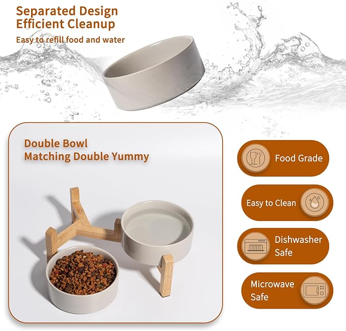 Elevated Ceramic Dog Bowl, 2 Cups Dog Food and Water Bowl Set with Stand | 5.1'' Double Dog Feeding Dishes, Non-Slip Raised Dog Feeder for Cats and Puppies, 16.23 OZ / 480 ML, White