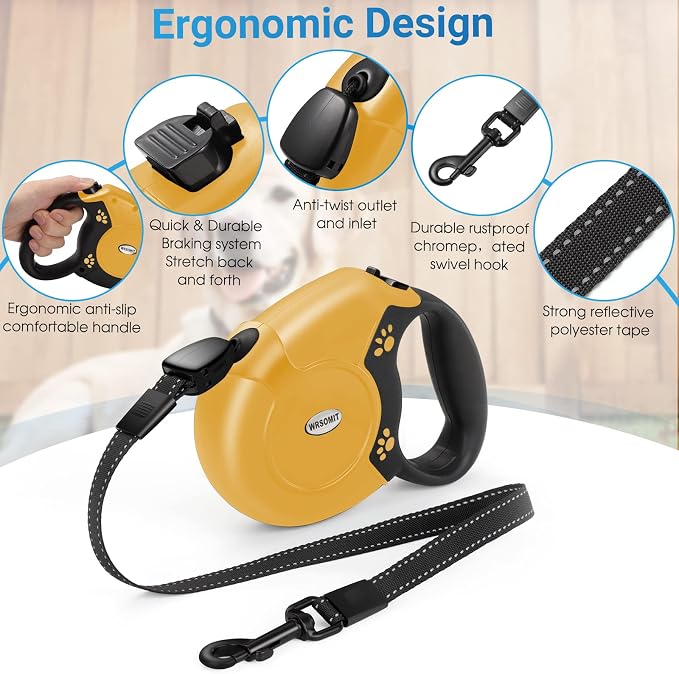 360°No Tangle 26 Ft Retractable Dog Leash for Dogs up to 99lbs | Heavy Duty Pet Walking Leash for Small Medium Large Dogs, Anti-Slip Handle, Strong Nylon Tape, One-Handed Brake, Yellow