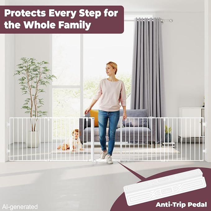 127.5" Wide Configurable Baby Gate for Fireplace Christmas Tree | Extra Wide Child Gate for Large Openings with Anti-Trip Pedal, Long Kid Gate for Dog Pet, 28'' Tall 5 Metal Panels White