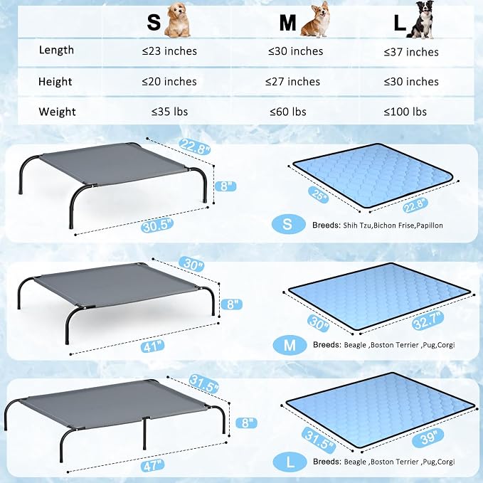 SZEE Elevated Dog Bed, Cooling Dog Cot Bed, Support Up to 100 LBS for Large Breeds, with Durable Steel Frame, Reversible Ice Silk Mat & Sturdy Teslin Mesh, Outdoor & Indoor All-Season Use - L