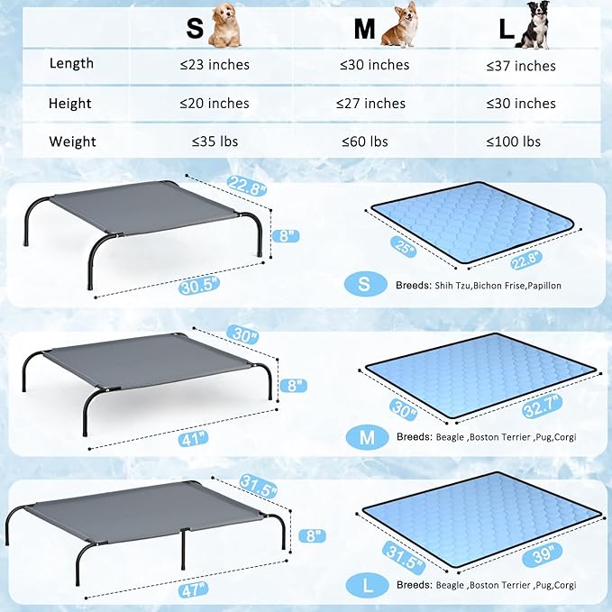 SZEE Elevated Dog Bed, Cooling Dog Cot Bed, Support Up to 65 LBS for Small Breeds, with Durable Steel Frame, Reversible Ice Silk Mat & Sturdy Teslin Mesh, Outdoor & Indoor All-Season Use - S